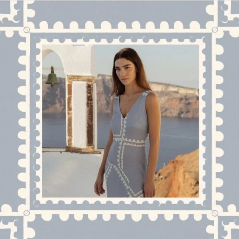MON RENN Serape Sleeveless Blue Postcards Fitted Maxi Dress--NWT--10/M - Picture 3 of 16